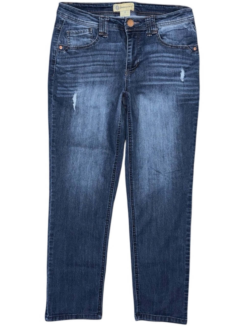 Democracy Straight Leg Jeans Sz 8 Distressed Stretch Mid Rise Blue Casual 29x26